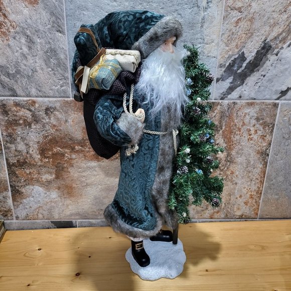 Santa Claus Figurine Ceramic Base Christmas Tree Sack of Gifts Blue Velvet Coat - Picture 6 of 13